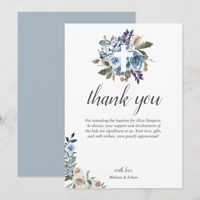 Boho Dusty Blue Beige Flowers Baptism Tack Kort (Fram/baksida)