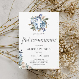 Boho Dusty Blue Beige Flowers First Communion Inbjudningar