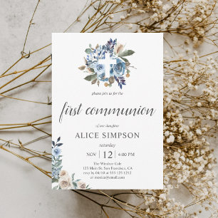 Boho Dusty Blue Beige Flowers First Communion Inbjudningar