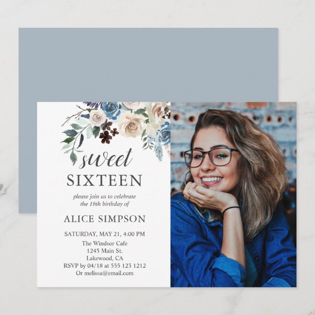 Boho Dusty Blue Beige Flowers Photo Sweet 16 Inbjudningar (Fram/baksida)