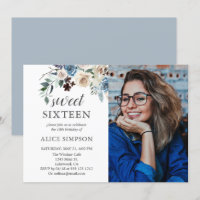 Boho Dusty Blue Beige Flowers Photo Sweet 16