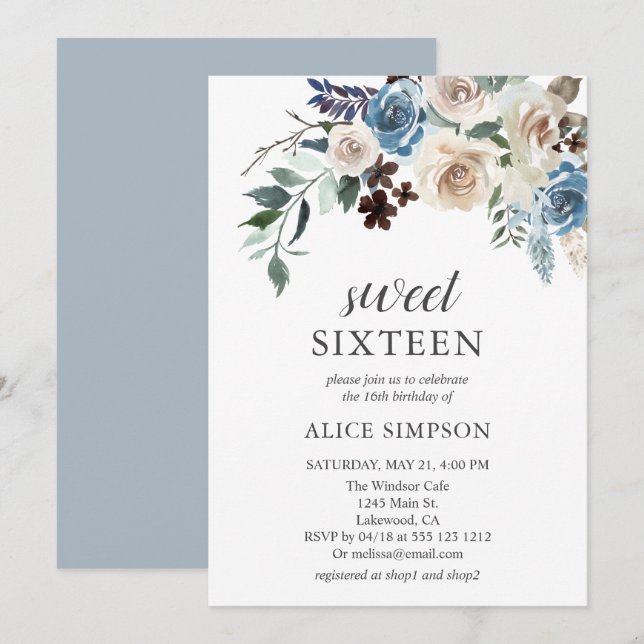 Boho Dusty Blue Beige Flowers Sweet 16 Inbjudningar (Fram/baksida)