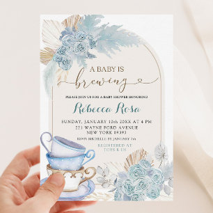 Boho Dusty Blue Blommigt Baby är BreBaby Shower Inbjudningar