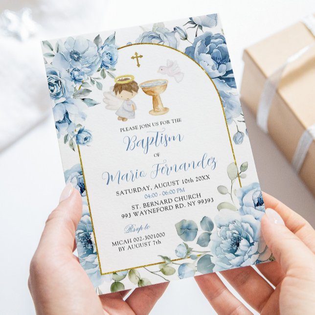 Boho Dusty Blue Blommigt Boy Baptism-inbjudan Inbjudningar (Skapare uppladdad)