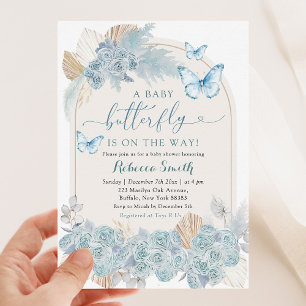 Boho Dusty Blue Blommigt Butterfly Baby Shower Inbjudningar