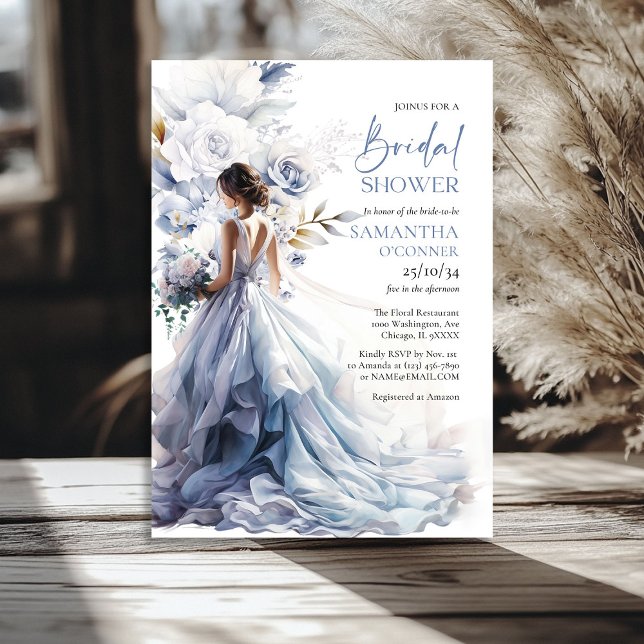 Boho dusty Blue blommigt eucalyptus möhippa dress Inbjudningar (Boho dusty blue floral eucalyptus bridal dress invitation)