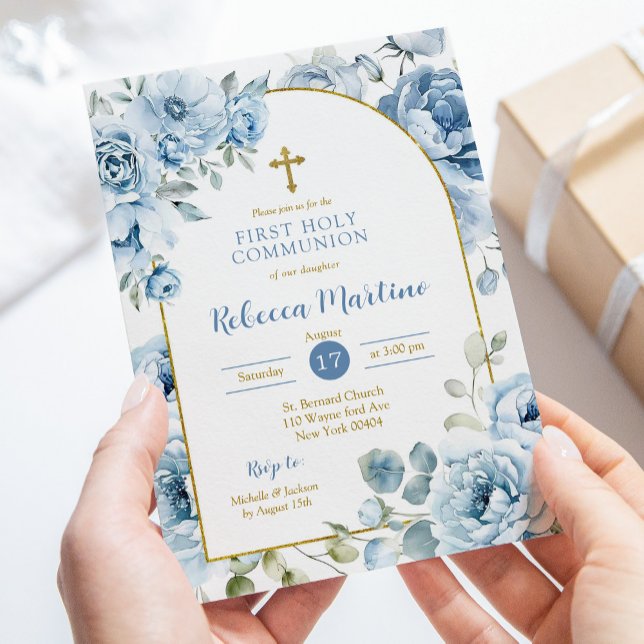 Boho Dusty Blue Blommigt First Heliga Communion Inbjudningar (Skapare uppladdad)