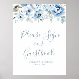 boho dusty blue blommigt guestbook-tecken i bröllo poster
