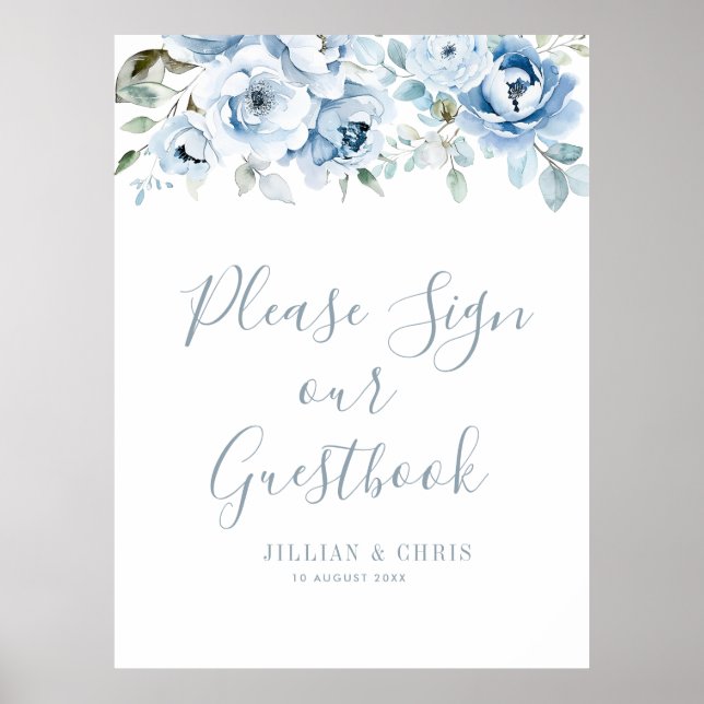 boho dusty blue blommigt guestbook-tecken i bröllo poster (Framsidan)