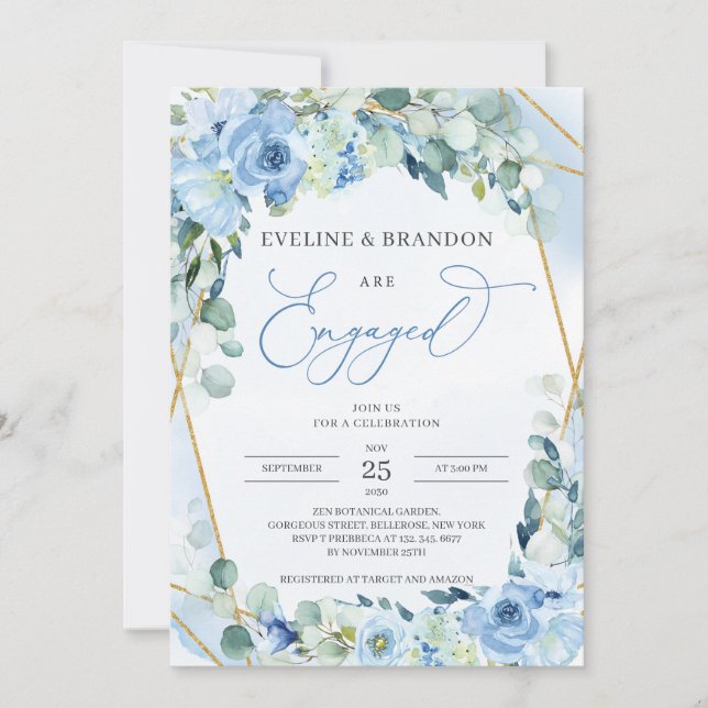 Boho Dusty Blue Blommigt Guld Geometric Ram Förlov Inbjudningar (Framsida)