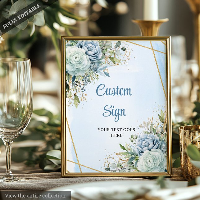 Boho Dusty Blue Blommigt Guld Ram Bröllop Poster (Boho Dusty Blue Floral Gold Frame Wedding Sign)