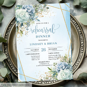 Boho Dusty Blue Blommigt Guld Ram Middag Inbjudan