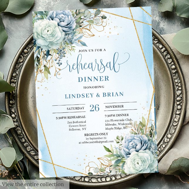Boho Dusty Blue Blommigt Guld Ram Middag Inbjudan (Boho Dusty Blue Floral Gold Frame Dinner Invitation)