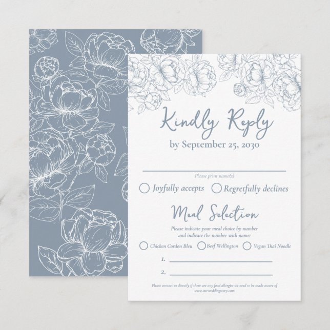 Boho Dusty Blue Blommigt Modern Bröllop-måltider OSA Kort (Fram/baksida)