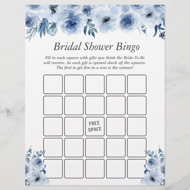 Boho Dusty Blue Blommigt Möhippa Bingo Game Reklamblad (Framsidan)