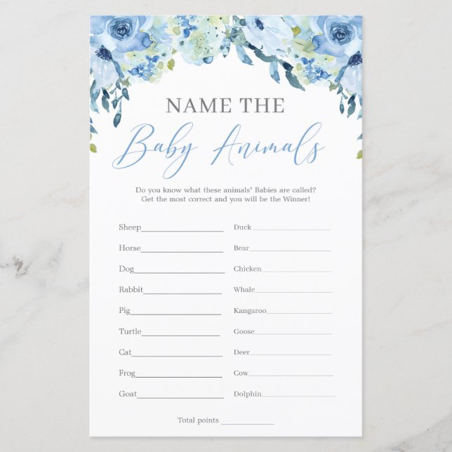 Boho Dusty Blue Blommigt Namn Baby djur (Framsida)