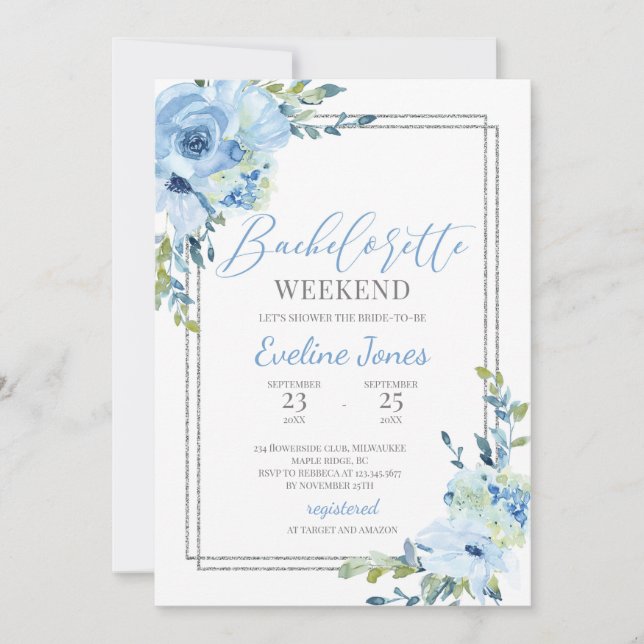 Boho dusty Blue blommigt silver ram bachelorette Inbjudningar (Framsida)