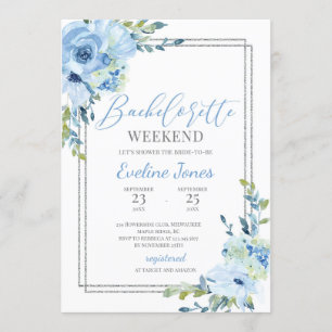 Boho dusty Blue blommigt silver ram bachelorette Inbjudningar
