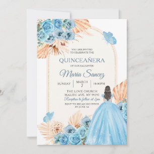 Boho Dusty Blue Blommigt Spain Girl XV Años Invita Inbjudningar