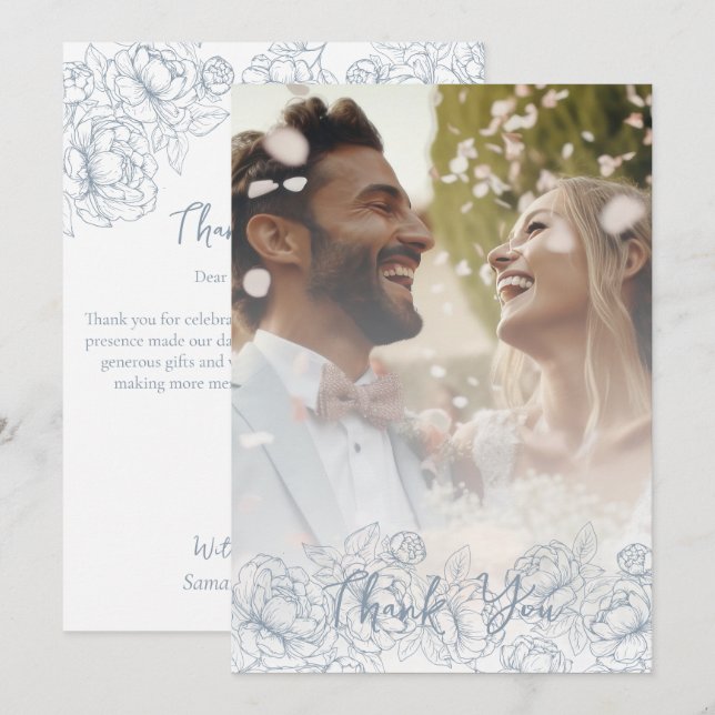 Boho Dusty Blue Botanical Elegant Photo Tack Kort (Fram/baksida)