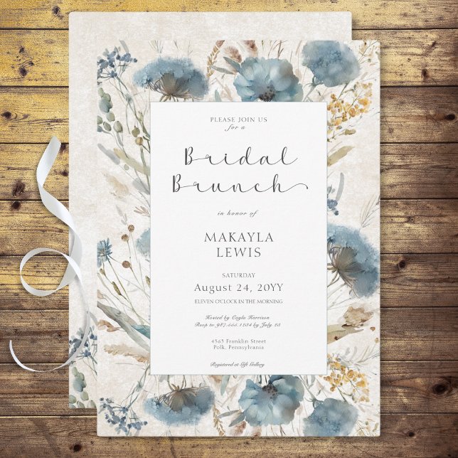 Boho Dusty Blue & Brown Blommigt Möhippa Brunch Inbjudningar (Boho Dusty Blue & Brown Floral Bridal Brunch Invitation)
