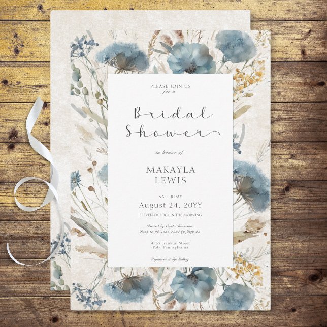 Boho Dusty Blue & Brown Blommigt Möhippa Inbjudningar (Boho Dusty Blue & Brown Floral Bridal Shower Invitation)
