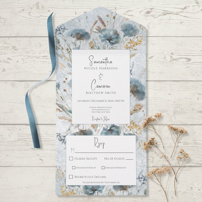 Boho Dusty Blue & Brown Blommigt Monogram Middag (Skapare uppladdad)