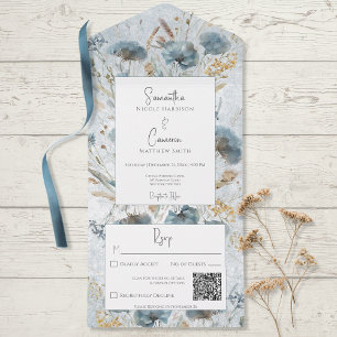 Boho Dusty Blue & Brown Blommigt Monogram QR-kod