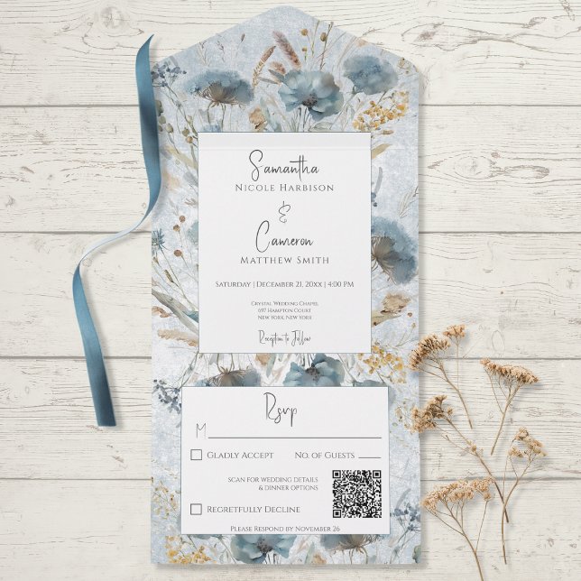 Boho Dusty Blue & Brown Blommigt Monogram QR-kod (Skapare uppladdad)