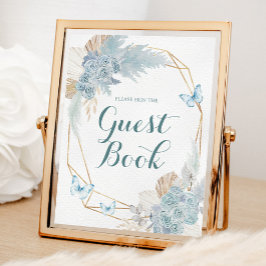 Boho Dusty Blue Butterfly Birthday Guest Bok Poster