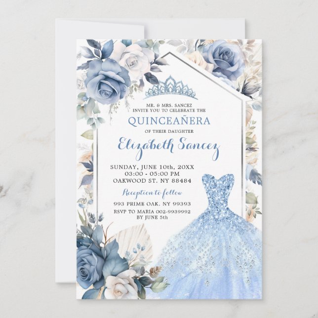 Boho Dusty Blue Dress Princess Quinceañera Inbjudningar (Framsida)