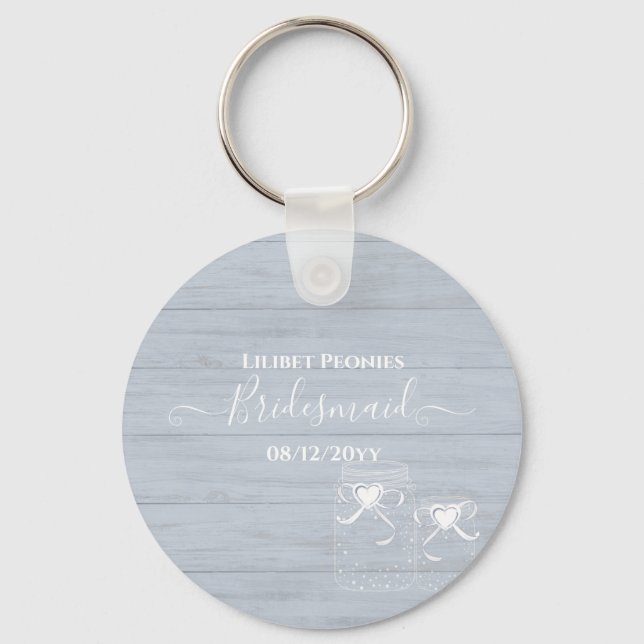 BOHO Dusty Blue Driftwood Murade Glas Bröllop Nyckelring (Framsida)