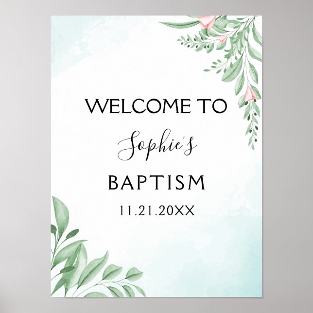 Boho Dusty Blue Eucalyptus Baptism Välkommen Poster (Framsidan)