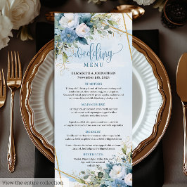 Boho Dusty Blue Eucalyptus Blommigt Bröllop Menu Meny