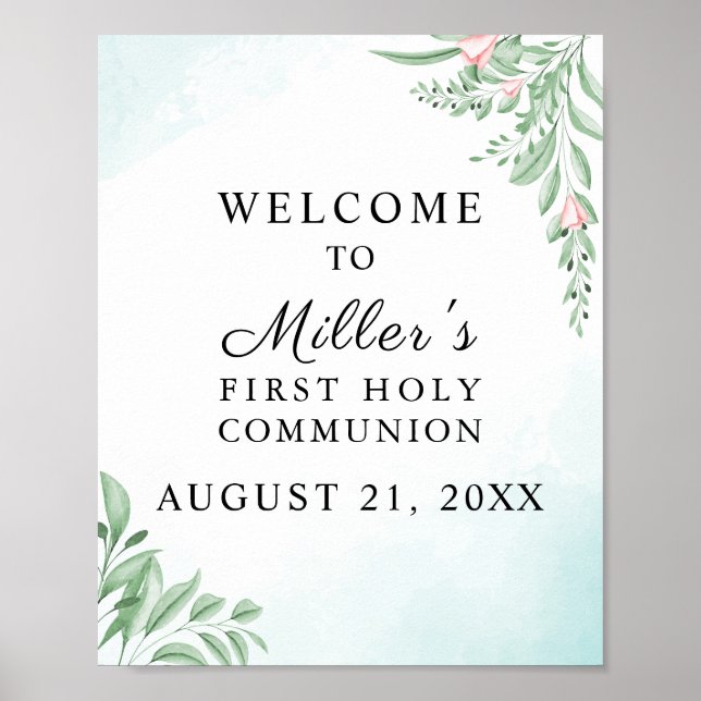 Boho Dusty Blue Eucalyptus Communion Välkommen Poster (Framsidan)