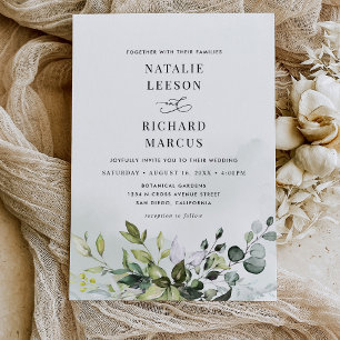 Boho Dusty Blue Eucalyptus Greenery Bröllop Inbjudningar
