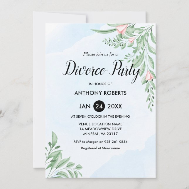 Boho Dusty Blue Eucalyptus Greenery Divorce Party  Inbjudningar (Framsida)