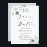Boho Dusty Blue Eucalyptus Löv Bat mitzvah Spara Datumet<br><div class="desc">Spara datumet! Meddela din händelse med anpassadet spara datum meddelande. Den grekiska bat mitzvah inbjudan innehåller vattenfärgsdammiga blå eucalyptus löv med ett vismiskt skript. Anpassa genom att lägga till egna detaljer. Denna Bat mitzvah eukalyptus sparar datumet som är perfekt för alla säsonger och teman.</div>