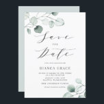 Boho Dusty Blue Eucalyptus Löv Bat mitzvah Spara Datumet<br><div class="desc">Spara datumet! Meddela din händelse med anpassadet spara datum meddelande. Den grekiska bat mitzvah inbjudan innehåller vattenfärgsdammiga blå eucalyptus löv med ett vismiskt skript. Anpassa genom att lägga till egna detaljer. Denna Bat mitzvah eukalyptus sparar datumet som är perfekt för alla säsonger och teman.</div>