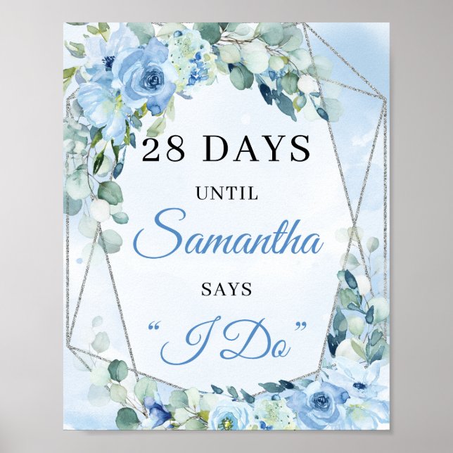 Boho Dusty blue eucalyptus silver Countdown-skylt Poster (Framsidan)