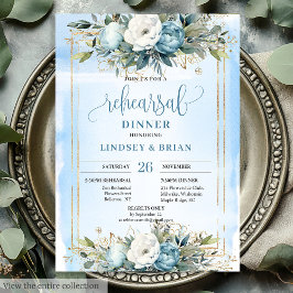 Boho Dusty Blue Floral Gold Glitter Dinner Invites Inbjudningar