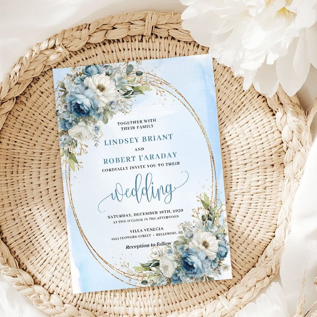 Boho Dusty Blue Floral Gold Wedding Invitation Inbjudningar (Boho Dusty Blue Floral Gold Wedding Invite)
