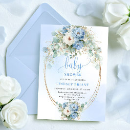 Boho Dusty Blue Flowers Eucalyptus Gold Baby Showe Inbjudningar