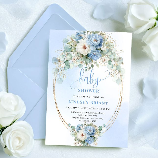 Boho Dusty Blue Flowers Eucalyptus Gold Baby Showe Inbjudningar (Boho Dusty Blue Flowers Eucalyptus Gold Baby Shower)