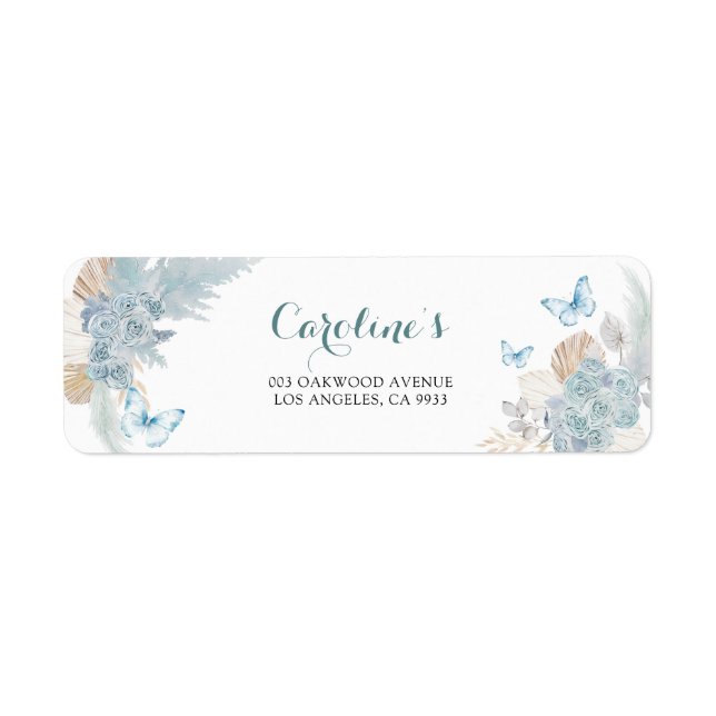 Boho Dusty Blue Flutter on over Butterfly Adress Returadress Etikett (Framsidan)
