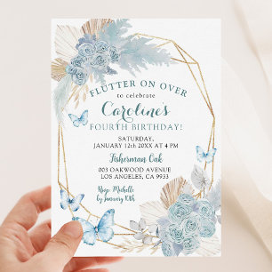 Boho Dusty Blue Flutter on over Butterfly Birthday Inbjudningar
