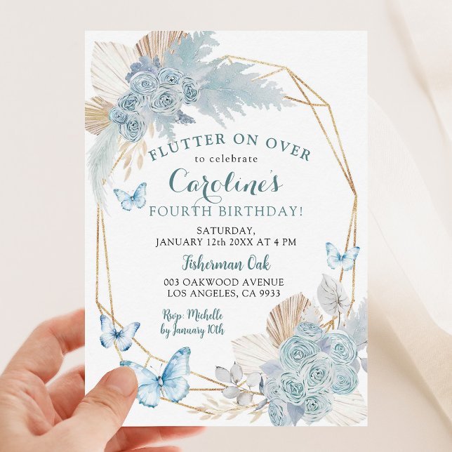 Boho Dusty Blue Flutter on over Butterfly Birthday Inbjudningar (Skapare uppladdad)