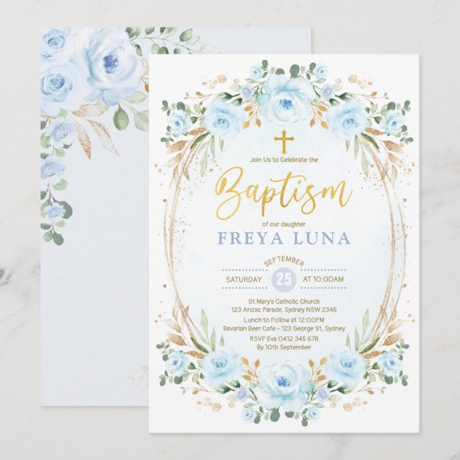 Boho Dusty Blue Guld Garden Blommigt Baptism Inbjudningar (Fram/baksida)