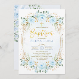Boho Dusty Blue Guld Garden Blommigt Baptism Inbjudningar