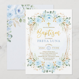 Boho Dusty Blue Guld Garden Blommigt Baptism Inbjudningar